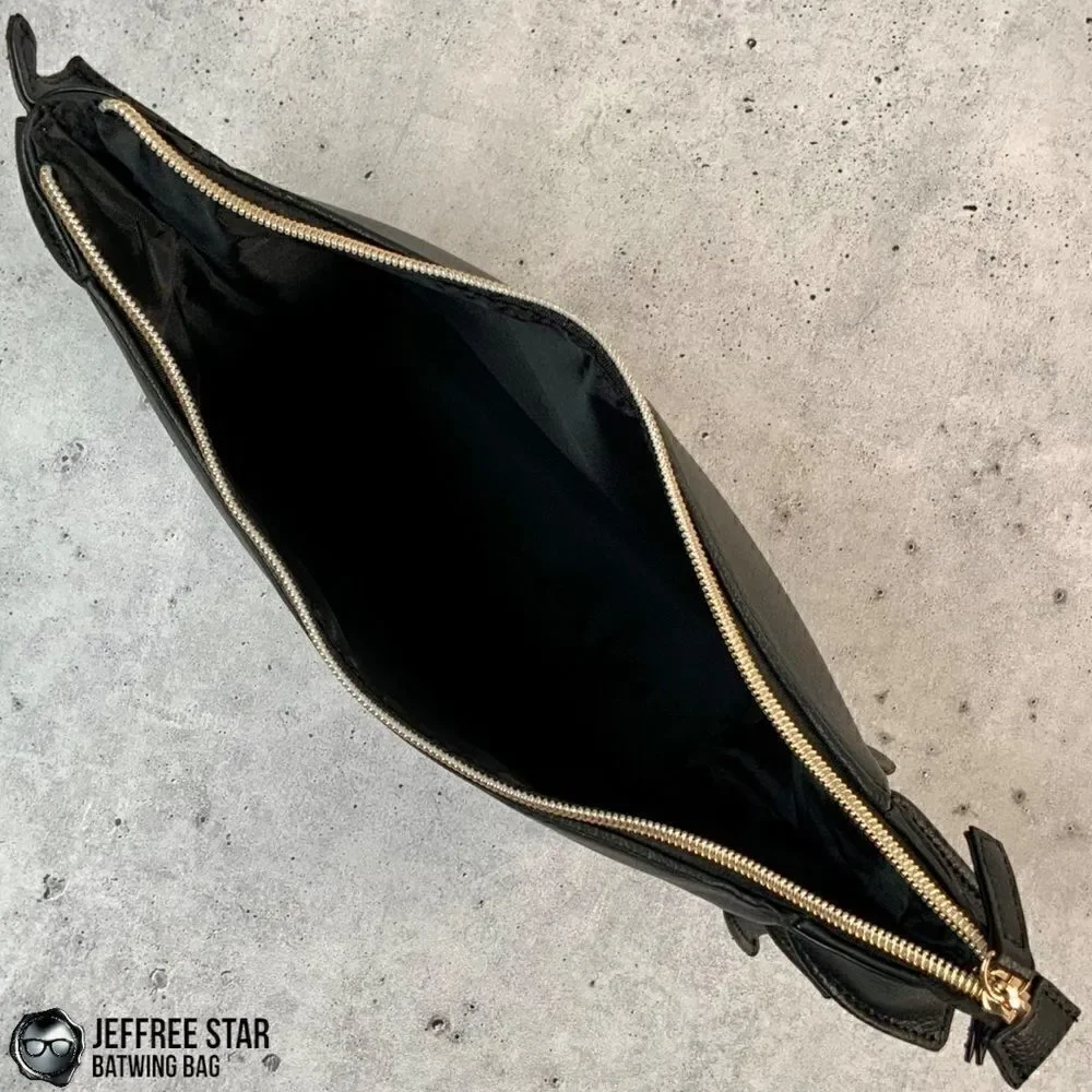 JEFFREE STAR BAT PURSE ZIPPER MAKEUP COSMETIC BAG IN BLACK VEGAN LEATHER BATWING